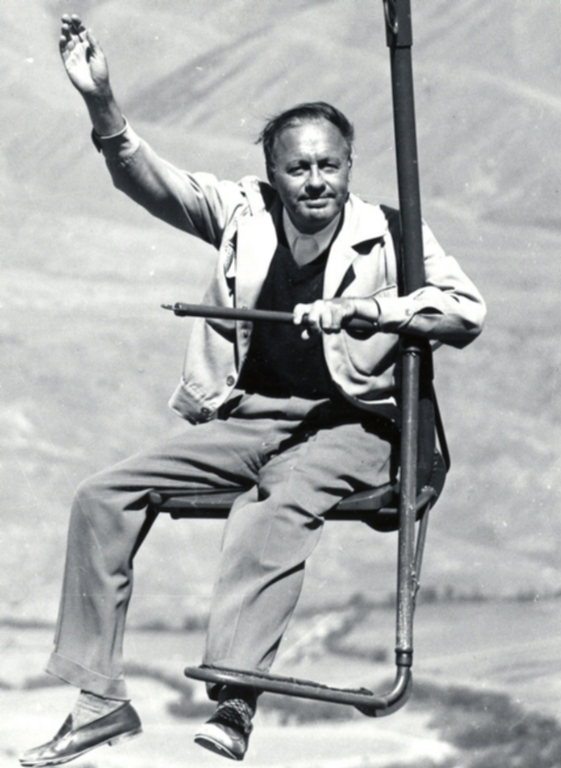 Jack Benny riding a chairlift